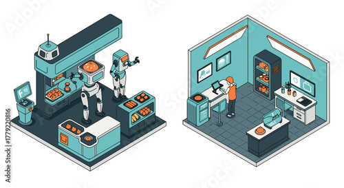Isometric smart kitchen robots preparing food in futuristic cooking space