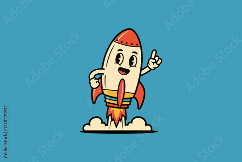 Happy Cartoon Rocket Character Launching with a Bright Idea.