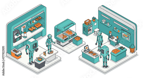 Futuristic bakery with robots an isometric view of a hightech culinary experience