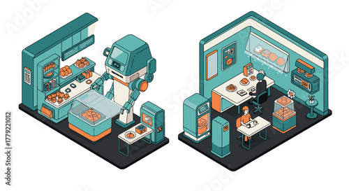 Isometric robotic bakery and office scene with modern technology and automation