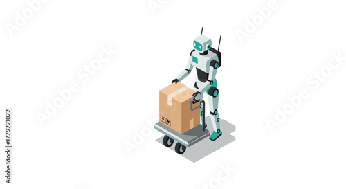 Isometric robot handling package on cart modern automation concept