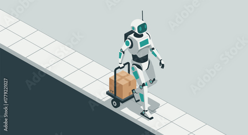Futuristic robot delivering package on sidewalk in isometric design