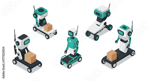 Futuristic delivery robots in isometric design for advanced logistics