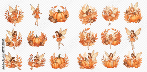 Watercolor autumn fairies and pumpkins with fall leaves and berries, a charming collection of seasonal illustrations.