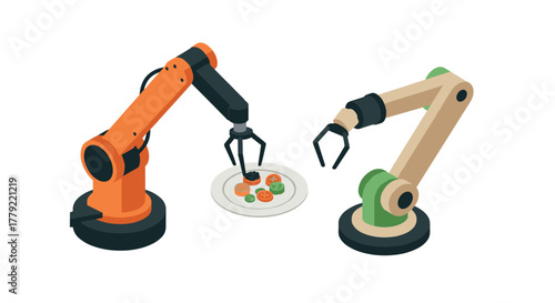 Robotic arms preparing food in isometric style for modern automation concept