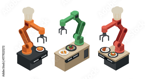Isometric robotic arms cooking dishes in a futuristic kitchen scene