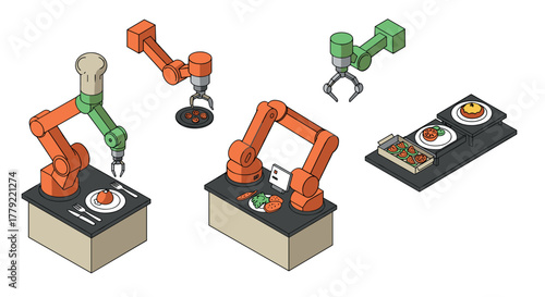 Robotic arms preparing meals in isometric kitchen setup with culinary precision
