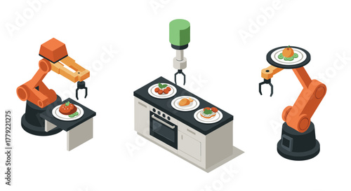 Isometric kitchen with robot arms automated cooking and serving technology