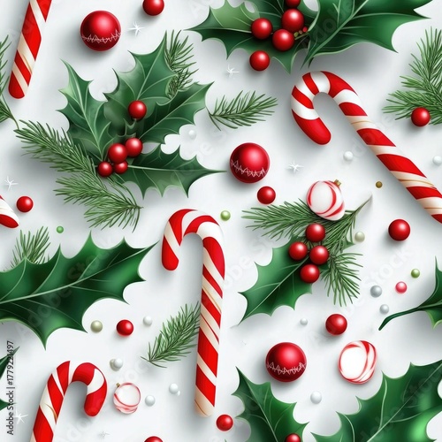Festive christmas holly and candy cane pattern with red berries and snowflakes