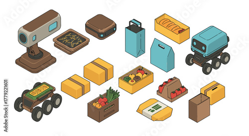 Isometric robotics and packaging design with food and tech elements