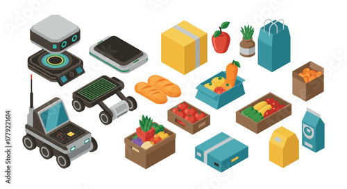Isometric technology and grocery delivery elements with futuristic design