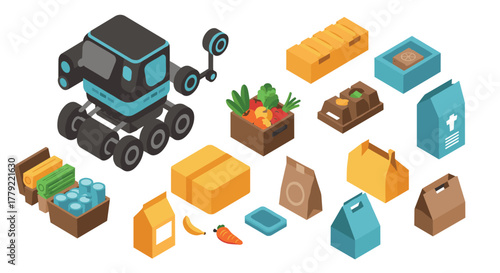 Isometric delivery robot with groceries and packaging in modern design