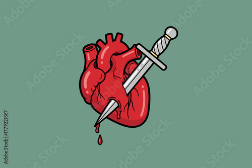 Stylized Human Heart Pierced by a Dagger with Blood Dripping.