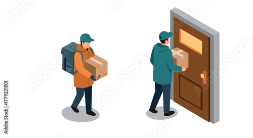 Isometric delivery service couriers in action delivering packages to doorsteps with ease