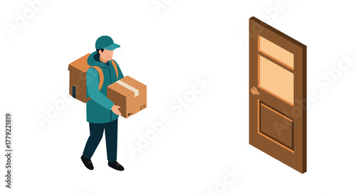 Isometric delivery person approaching door with parcel