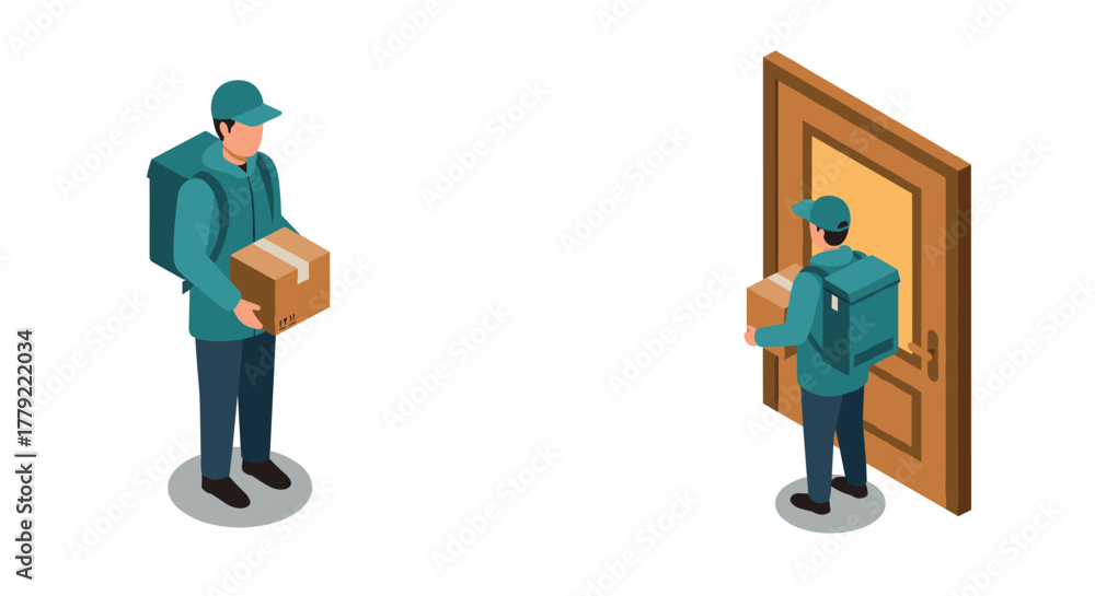 Obraz premium Delivery service concept with courier delivering package to door in isometric style