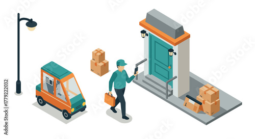 Isometric delivery scene with courier and packages at doorstep