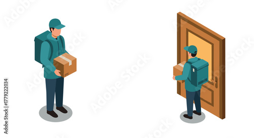 Delivery service concept with courier delivering package to door in isometric style