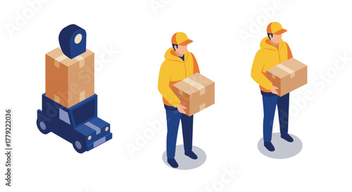 Delivery service concept with courier and parcel in isometric style