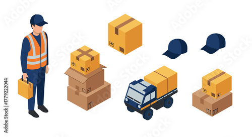 Isometric delivery items and worker with parcels and boxes