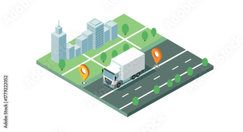 Efficient isometric city delivery with truck and location pins on road