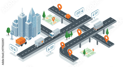 Isometric city logistics with trucks and navigation elements