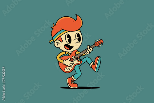 Retro Cartoon Boy Playing Electric Guitar with Enthusiasm.