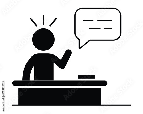 Speaker Presentation Icon Vector | Person Behind Desk with Speech Bubble and Idea Symbol for Discussion or Teaching Concept