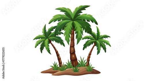 Tropical Oasis: Three lush palm trees, their vibrant green fronds swaying gently, create a serene tropical oasis. The scene radiates a sense of peace, ideal for travel, vacation and relaxation.