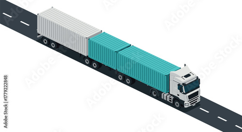 Isometric freight truck with containers on highway road