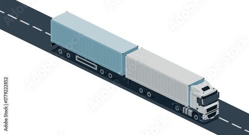Modern isometric cargo truck with dual trailers on highway