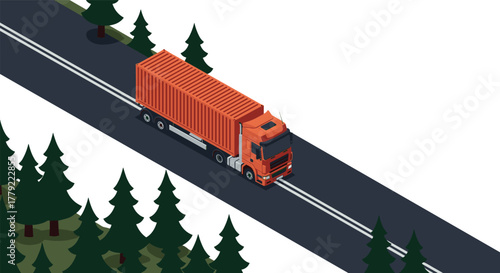 Isometric red truck driving on forest road amidst pines