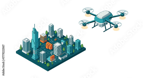 Isometric cityscape with drone  urban technology and smart city concepts