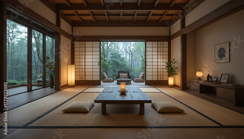 “High-end Japanese-style room with wooden flooring, tatami mat touches, soft paper lamp glow, minimal furniture, tranquil aesthetic, calm atmosphere, full HD modern zen home.”
