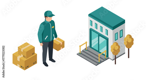 Isometric delivery service concept with courier and package at modern building
