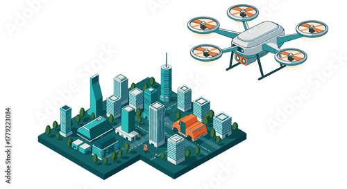 Futuristic urban delivery scene with isometric drone and modern buildings