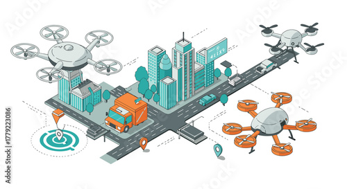 Futuristic drone delivery in an isometric cityscape with smart technology
