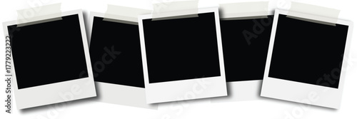 Realistic empty photo card frame, film set. Retro vintage photograph with transparent adhesive tape and paper clip. Digital snapshot image. Template or mockup for design. Vector illustration.