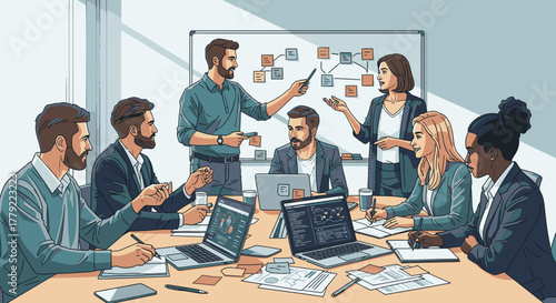 A diverse team of professionals collaborating in a modern office, discussing a project strategy presented on a whiteboard.