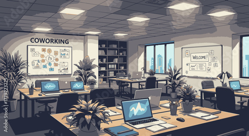 A modern coworking space filled with desks, laptops, plants, and whiteboards, fostering collaboration and productivity.
