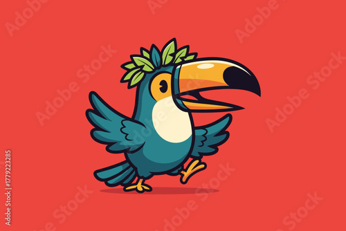 Cute Toucan Bird with Leaf Crown Cartoon Illustration.