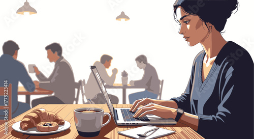 A woman works on a laptop at a cafe, with coffee and pastry on the table.