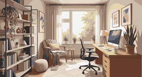 A bright and airy home office with a large window, a desk, a computer, a bookshelf, and a comfortable armchair.