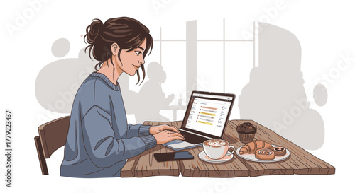 Illustration of a woman working on a laptop at a cafe table with coffee and pastries.