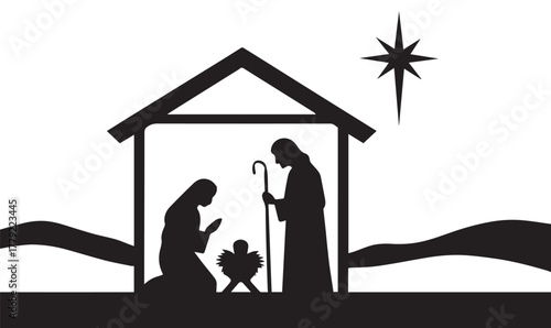 Nativity Silhouette Scene – Baby Jesus, Mary, Joseph, Star of Bethlehem, Christmas Stable
