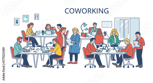 Illustration of a busy coworking space with diverse people working on laptops and collaborating.