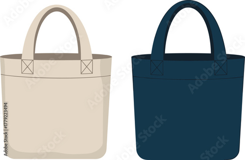Minimalist beige and navy tote bag vector illustration, eco friendly reusable shopping bag design, fashion accessory mockup for branding presentation