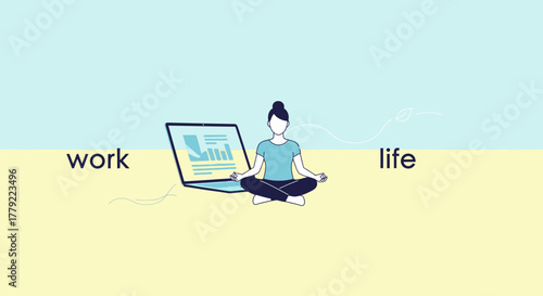 A person meditating in front of a laptop displaying charts, symbolizing work-life balance.
