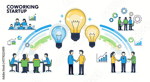 Illustration of a coworking startup concept with people collaborating, generating ideas, networking, and achieving business growth.