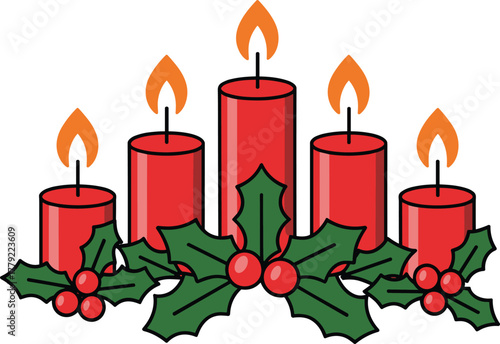 Festive red candles with holly leaves and berries, glowing flames, traditional Christmas holiday decoration, seasonal celebration vector illustration design